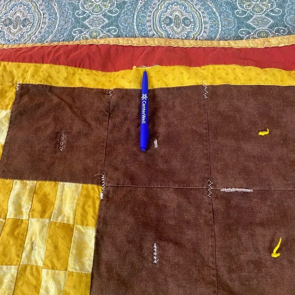 Vintage brown and Mustard Patchwork Quilt - Checkerboard Design 44” x 57”